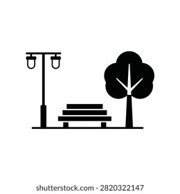 Simple black and white illustration of a park bench with a street lamp and tree