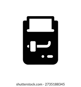 Simple black and white illustration of a payment terminal with a card reader.