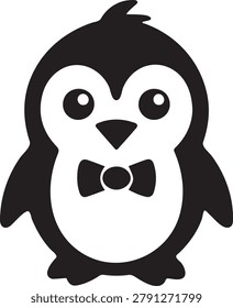 A simple black and white illustration of a penguin wearing a bow tie, with a charming and endearing expression, Cute penguin, Penguin Vector, penguin icon.