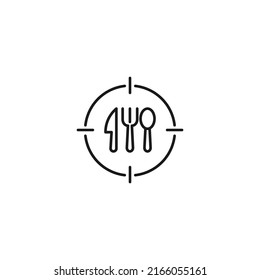 Simple black and white illustration perfect for web sites, advertisement, books, articles, apps. Modern sign and editable stroke. Vector line icon of fork, knife and spoon inside target 