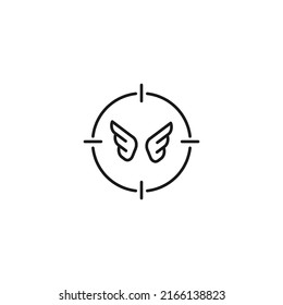 Simple black and white illustration perfect for web sites, advertisement, books, articles, apps. Modern sign and editable stroke. Vector line icon of wings inside target 