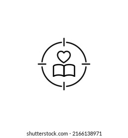 Simple black and white illustration perfect for web sites, advertisement, books, articles, apps. Modern sign and editable stroke. Vector line icon of heart over book inside target 