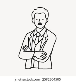 Simple black and white illustration of a person in a suit with arms crossed. Minimalist drawing style, featuring a formal outfit and confident pose. Vector illustration.