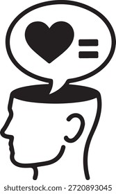 Simple black and white illustration of a person's head in profile with a thought bubble containing a heart and equality symbol conveying love and social equality.