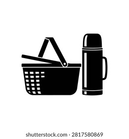 A simple black and white illustration of a picnic basket next to a thermos bottle.