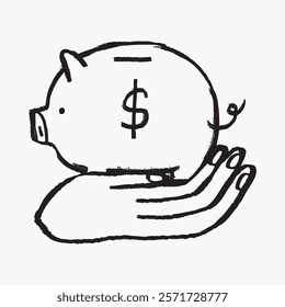 Simple black and white illustration of a piggy bank with a dollar sign, resting on a hand. Symbolizes saving, finance, and money management. Simple black line art doodle vector.