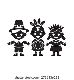 Simple black and white illustration of a pilgrim and two native american children