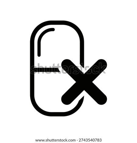A simple, black and white illustration of a pill icon with a large X symbol over it, indicating rejection or refusal of medication.