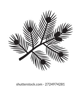 Ilustração simples em preto e branco de um ramo de pinheiro com agulhas e cones
