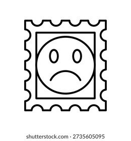 A simple black and white illustration of a postage stamp featuring a frowning face, conveying sadness or disappointment.