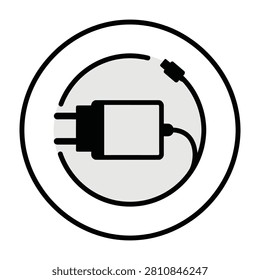 Simple black and white illustration of a power adapter symbol on a circular background, representing technology and energy