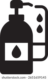 A simple black and white illustration of a pump bottle of soap or lotion beside a small panel showing three drops.  It depicts hygiene or cleanliness.