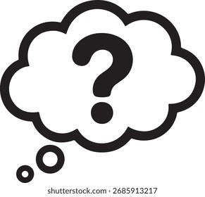 Eine einfache Schwarz-Weiß-Illustration eines Fragezeichens innerhalb einer wolkenförmigen Gedankenblase, die eine Frage oder Unsicherheit darstellt.