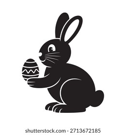 Una simple ilustración en blanco y negro de un conejo con un huevo de Pascua