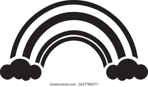 Simple black and white illustration of a rainbow with clouds.  Perfect for children's books, websites, or any project needing a cheerful, minimalist design element.