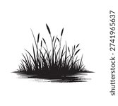 A simple black and white illustration of reeds growing from water