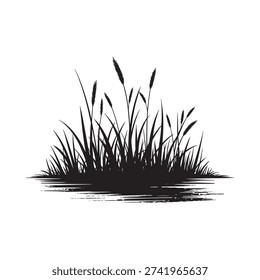 A simple black and white illustration of reeds growing from water