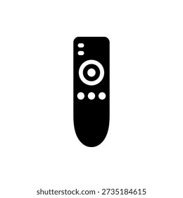 Simple black and white illustration of a remote control device with buttons and a navigation wheel.