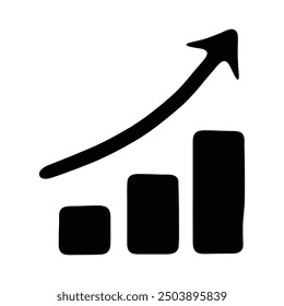 A simple black and white illustration representing a bar chart with an upward trend arrow indicating financial growth or business success.