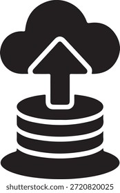 Sencilla ilustración en blanco y negro que representa el Cargar de datos en el disco de almacenamiento en la nube que simboliza la transferencia de datos digitales y los servicios de copia de seguridad en línea para soluciones eficientes de gestión y almacenamiento de datos.