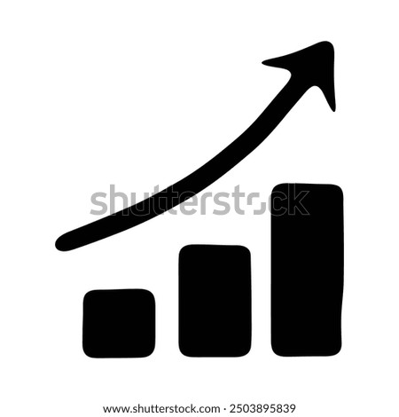 A simple black and white illustration representing a bar chart with an upward trend arrow indicating financial growth or business success.