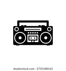 Simple black and white illustration of a retro boombox with cassette tape