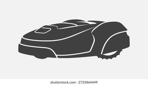 Simples ilustração em preto e branco de um cortador de grama robótico em um fundo plano.