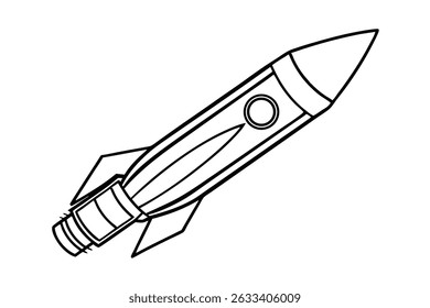 Ilustración en blanco y negro simple de una nave cohete aislada sobre un fondo blanco limpio