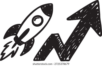Ilustración simple en blanco y negro de una nave cohete volando hacia arriba junto a una flecha ascendente que indica crecimiento y progreso en una representación visual dinámica y energética.
