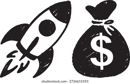 Ilustración simple en blanco y negro de un cohete que se lanza hacia arriba junto con una bolsa de dinero con un signo de dólar, que representa el éxito financiero y el crecimiento de la inversión.