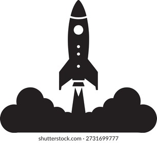 Simple ilustración en blanco y negro de un cohete lanzándose al espacio con una nube de humo en su base que simboliza la aventura y la exploración.
