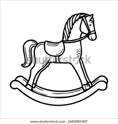 A simple black and white illustration of a rocking horse. The horse has a saddle and a flowing mane, positioned on a curved base for rocking.