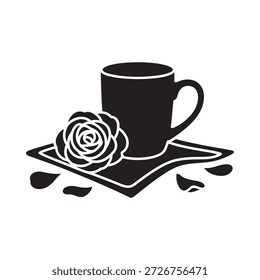 A simple black and white illustration of a rose and a teacup