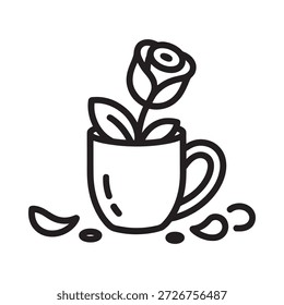Uma ilustração simples em preto e branco de uma rosa em uma xícara de chá