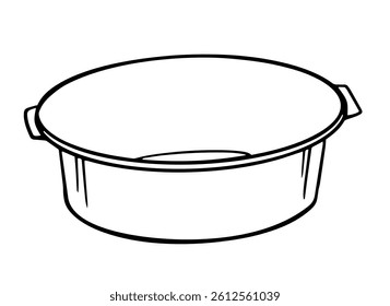 Simple black and white illustration of a round plastic basin with handles. Ideal for coloring pages, housework visuals, cleaning tutorials, or kitchen design.