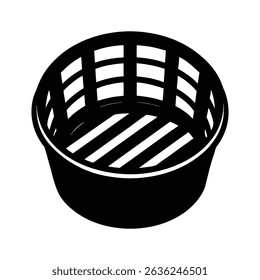 Simple black and white illustration of a round basket with slatted design and open sides on a white background