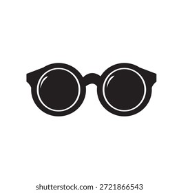 Simple black and white illustration of round sunglasses with thick frames isolated on white background.