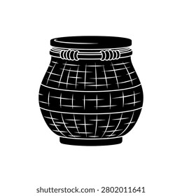 A simple black and white illustration of a round, woven basket with handles.