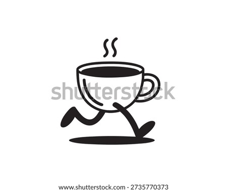 Simple black and white illustration of a running coffee cup with steam rising from it on a plain white background conveying a dynamic and playful atmosphere.