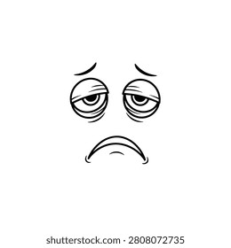 Simple black and white illustration of a sad cartoon face featuring droopy eyelids and a downturned mouth, expressing tiredness or disappointment