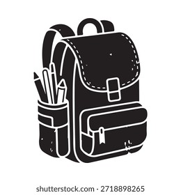 Una simple ilustración en blanco y negro de una mochila escolar con papelería
