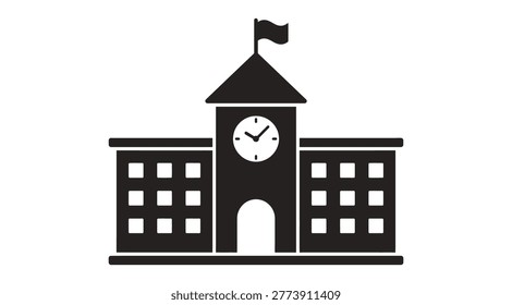 A simple black and white illustration of a school building with a clock tower, flag on top, and windows on the sides, conveying a sense of education and time.