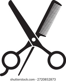 Einfache Schwarz-Weiß-Illustration von Schere und Kamm zusammen repräsentieren Friseur und Schönheit Dienstleistungen mit einem sauberen und minimalistischen Design.
