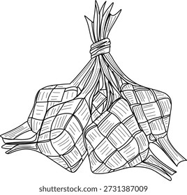 Uma simples ilustração em preto e branco de vários ketupat, um bolo de arroz malaio.