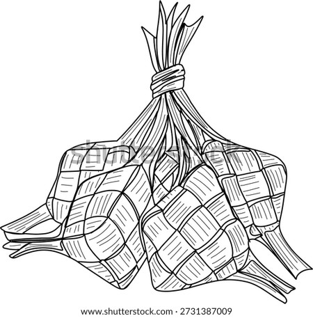 A simple black and white illustration of several ketupat, a Malay rice cake.