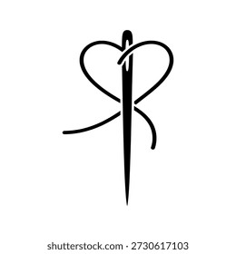 Ilustración simple en blanco y negro de una aguja de coser con hilo que forma un corazón