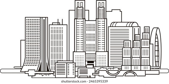 A simple black and white illustration of Shinjuku, Japan.