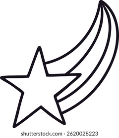 Simple black and white illustration of a shooting star streaking through dark space, leaving a shimmering trail behind. Capturing the magic of night and the vast universe