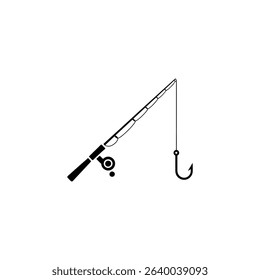 A simple black and white illustration showcases a fishing rod with a reel and a fishing line ending in a hook on a blank white background.