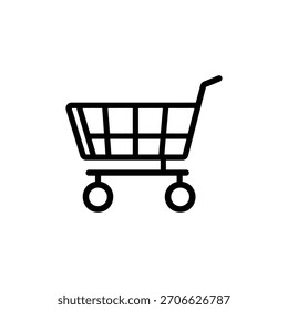 Ilustração simples em preto e branco mostrando um ícone de carrinho de compras vazio, com uma cesta e quatro rodas, ideal para sites e aplicativos móveis.